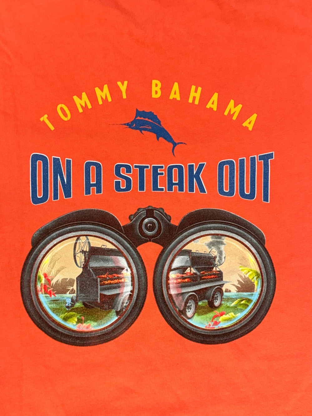 Tommy Bahama Orange Graphic 'On a Steak Out' Tee with Navy and Yellow Accents